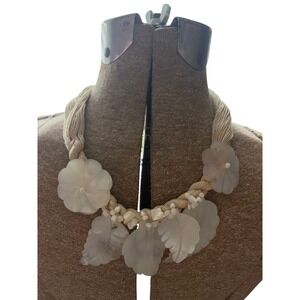 Carved Mother of Pearl Shell Floral Leaf Statement Necklace Coastal Boho White